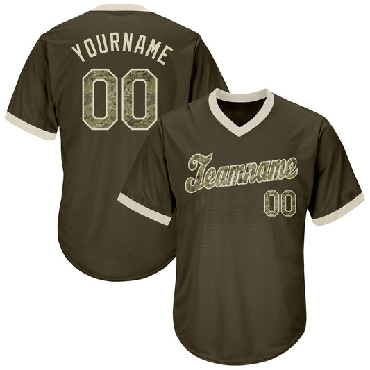 Custom Olive Camo-Cream Authentic Throwback Rib-Knit Salute To Service Baseball Jersey Shirt - Main View
