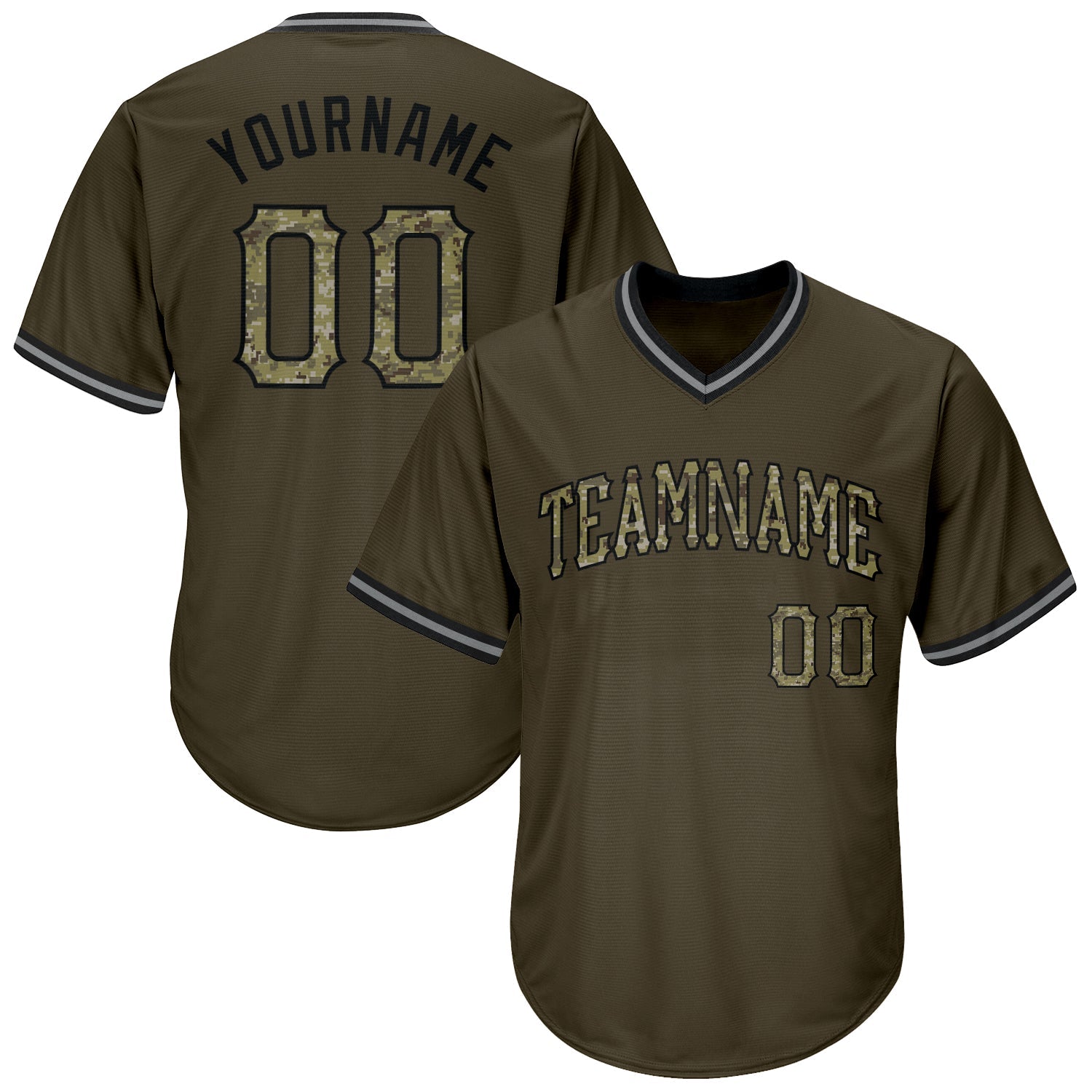 Custom Olive Camo-Black Authentic Throwback Rib-Knit Salute To Service Baseball Jersey Shirt - Main View