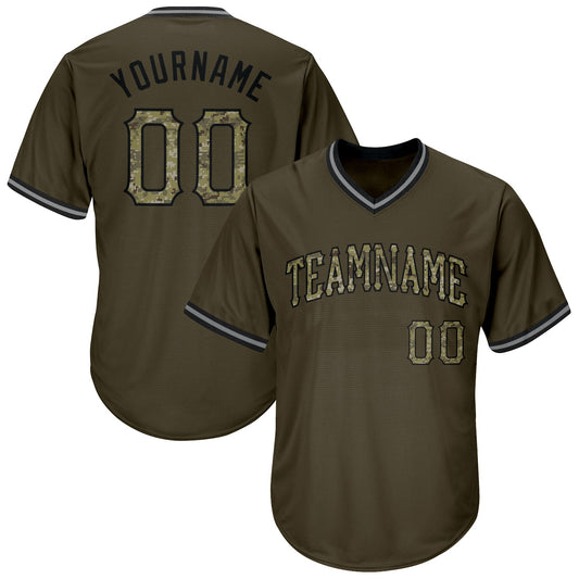 Custom Olive Camo-Black Authentic Throwback Rib-Knit Salute To Service Baseball Jersey Shirt - Main View