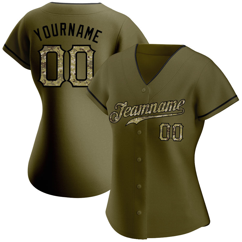 Custom Olive Camo-Black Authentic Salute To Service Baseball Jersey view 2