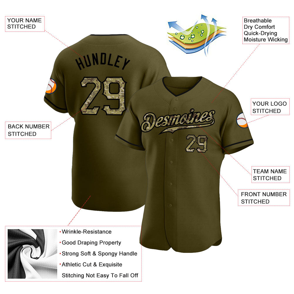 Custom Olive Camo-Black Authentic Salute To Service Baseball Jersey view 3