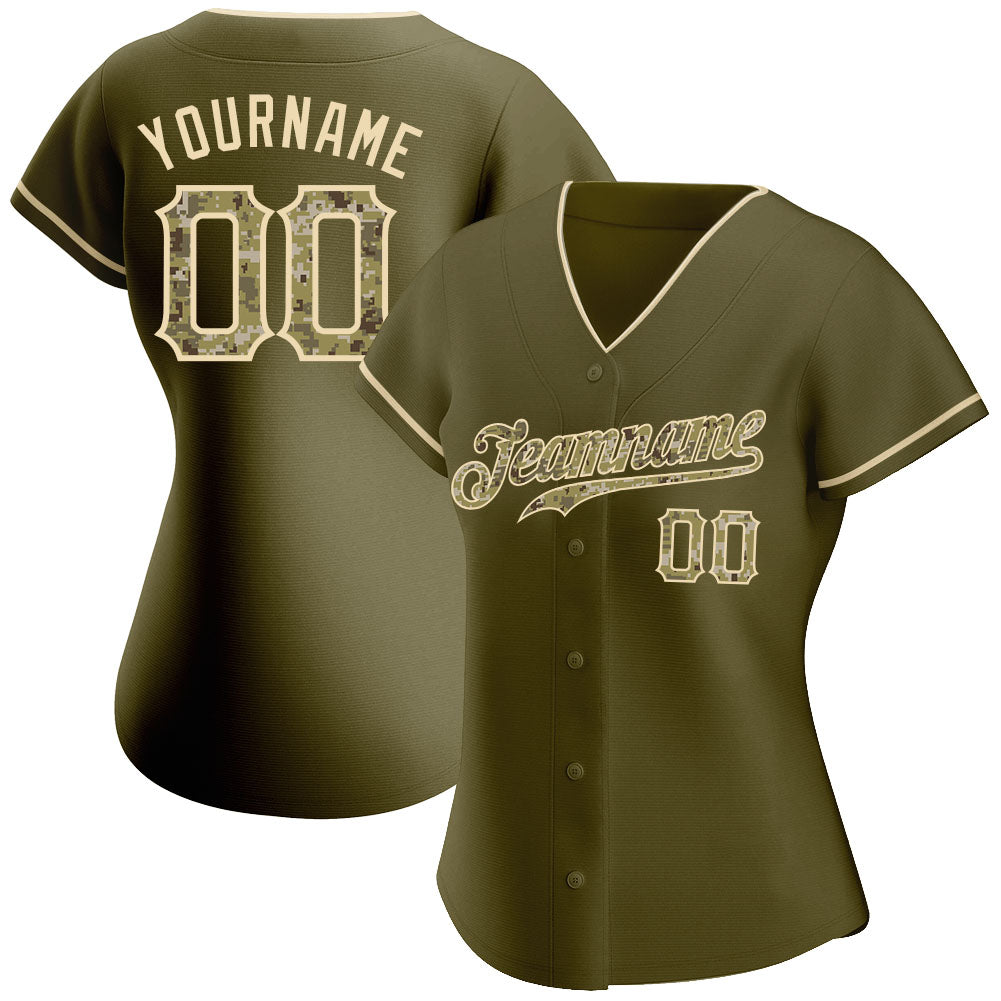 Custom Olive Camo-City Cream Authentic Salute To Service Baseball Jersey view 2