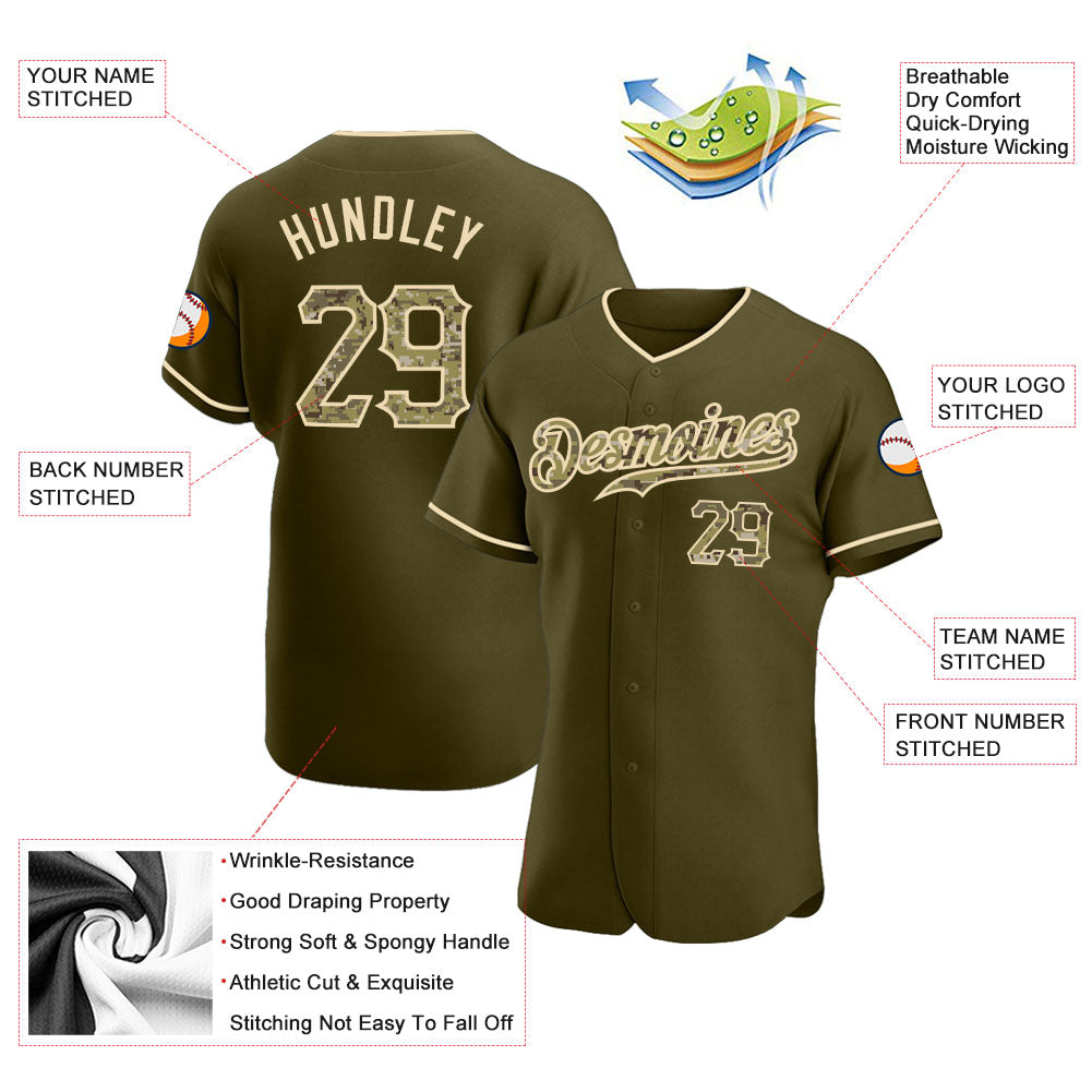 Custom Olive Camo-City Cream Authentic Salute To Service Baseball Jersey view 3