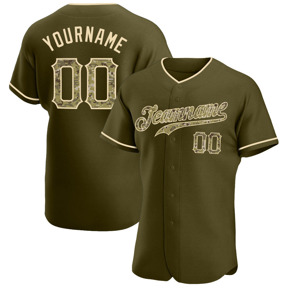 Custom Olive Camo-City Cream Authentic Salute To Service Baseball Jersey - Main View