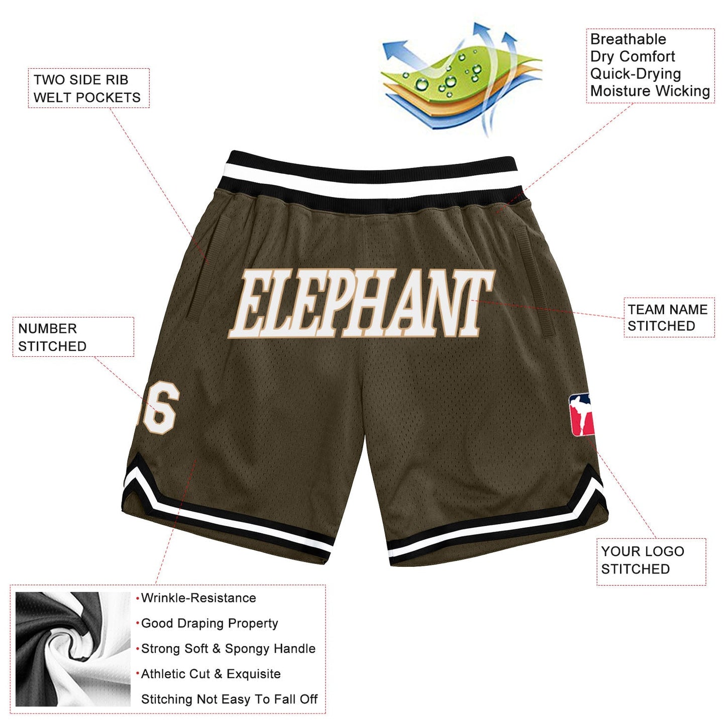 Custom Olive White-Black Authentic Throwback Salute To Service Basketball Shorts view 2