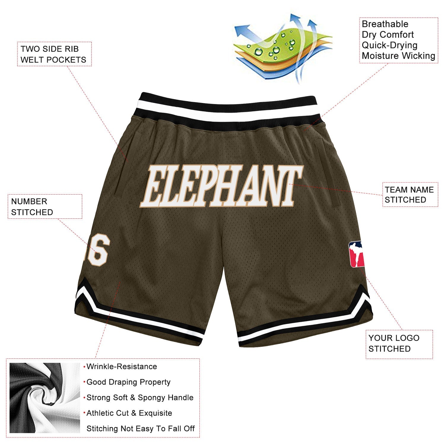 Custom Olive White-Black Authentic Throwback Salute To Service Basketball Shorts view 2