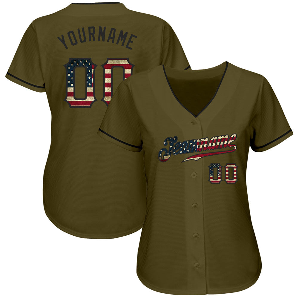 Custom Olive Vintage USA Flag-Black Authentic Salute To Service Baseball Jersey view 2