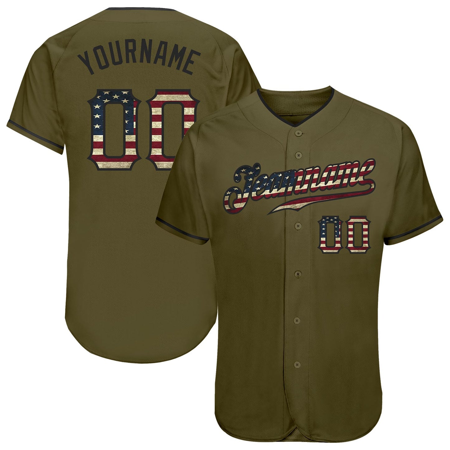 Custom Olive Vintage USA Flag-Black Authentic Salute To Service Baseball Jersey - Main View