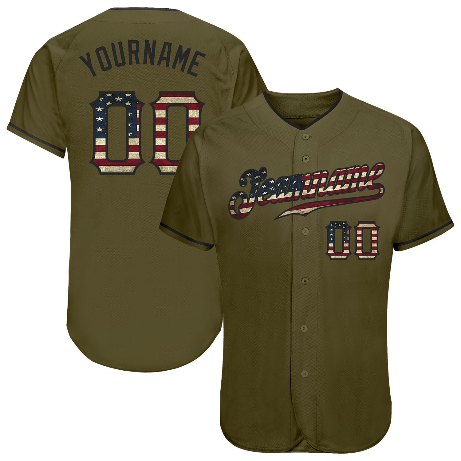 Custom Olive Vintage USA Flag-Black Authentic Salute To Service Baseball Jersey - Main View