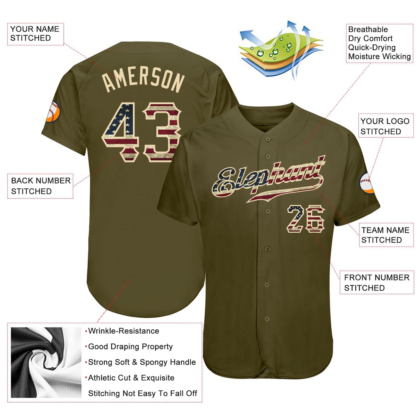 Custom Olive Vintage USA Flag-Cream Authentic Salute To Service Baseball Jersey view 3