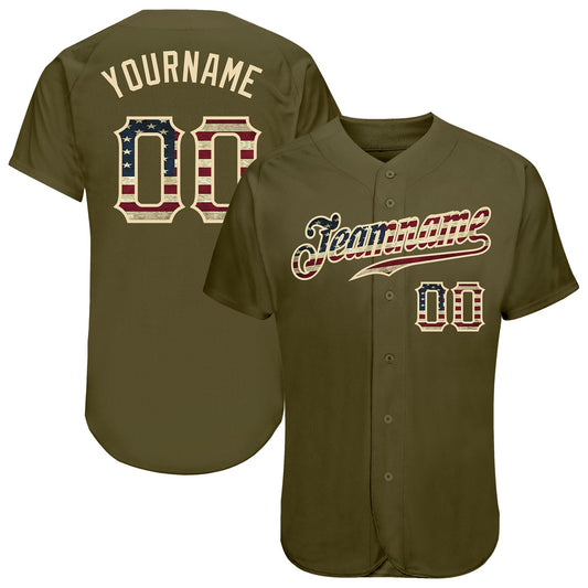 Custom Olive Vintage USA Flag-Cream Authentic Salute To Service Baseball Jersey - Main View