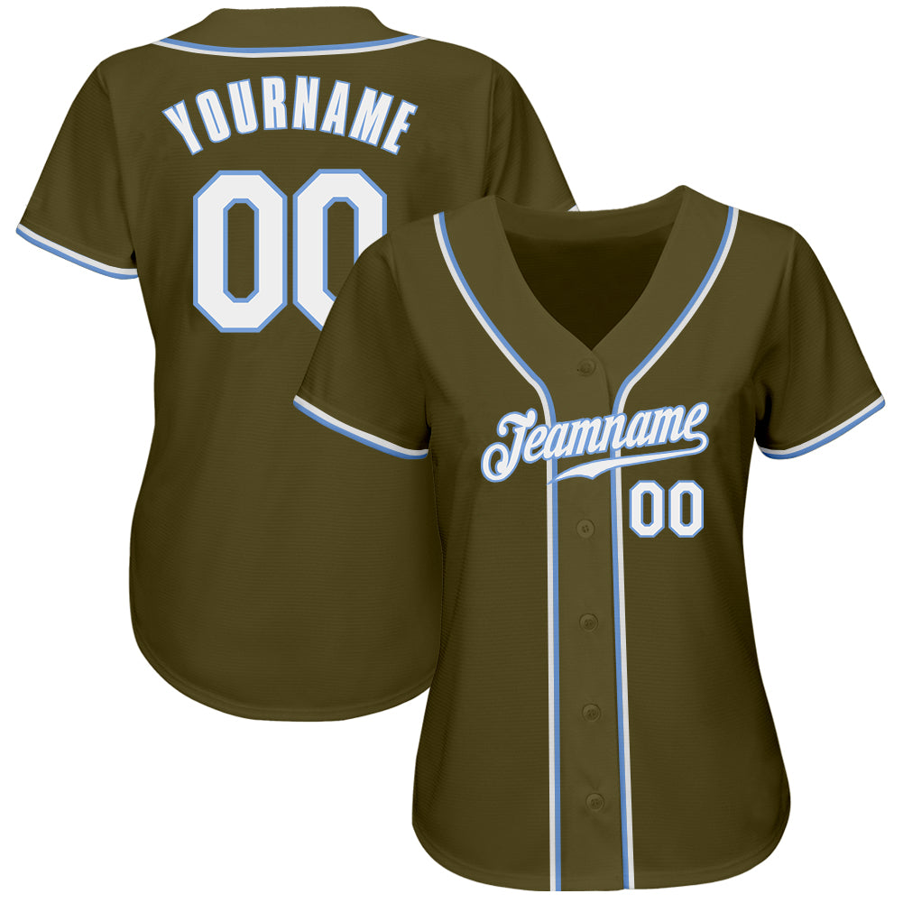 Custom Olive White-Light Blue Authentic Salute To Service Baseball Jersey view 2
