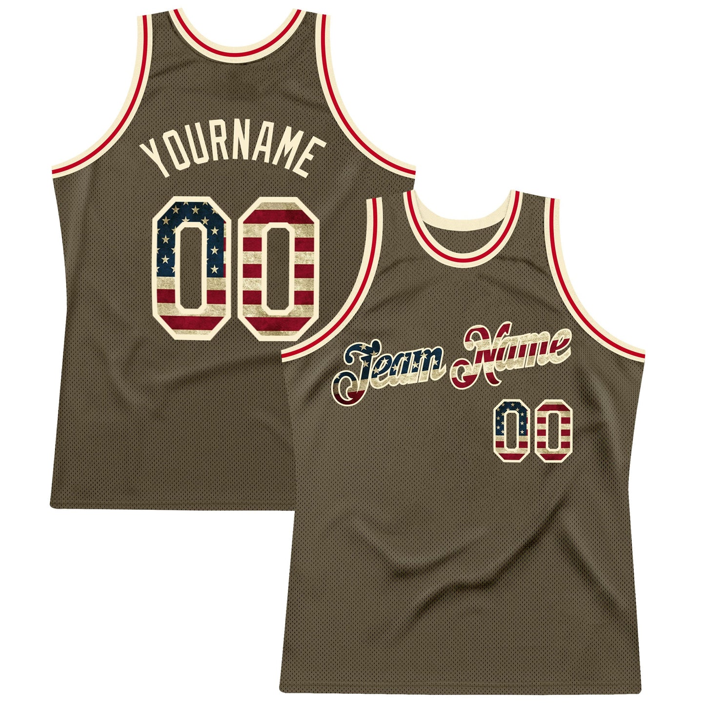 Custom Olive Vintage USA Flag-Cream Authentic Throwback Salute To Service Basketball Jersey - Main View