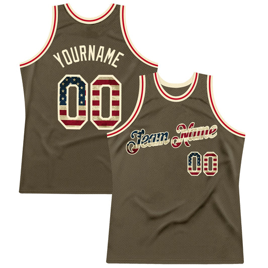 Custom Olive Vintage USA Flag-Cream Authentic Throwback Salute To Service Basketball Jersey - Main View