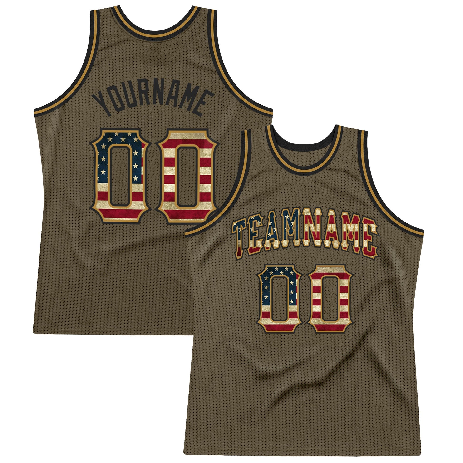 Custom Olive Vintage USA Flag-Black Authentic Throwback Salute To Service Basketball Jersey - Main View