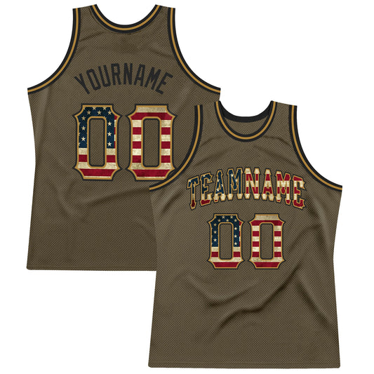 Custom Olive Vintage USA Flag-Black Authentic Throwback Salute To Service Basketball Jersey - Main View
