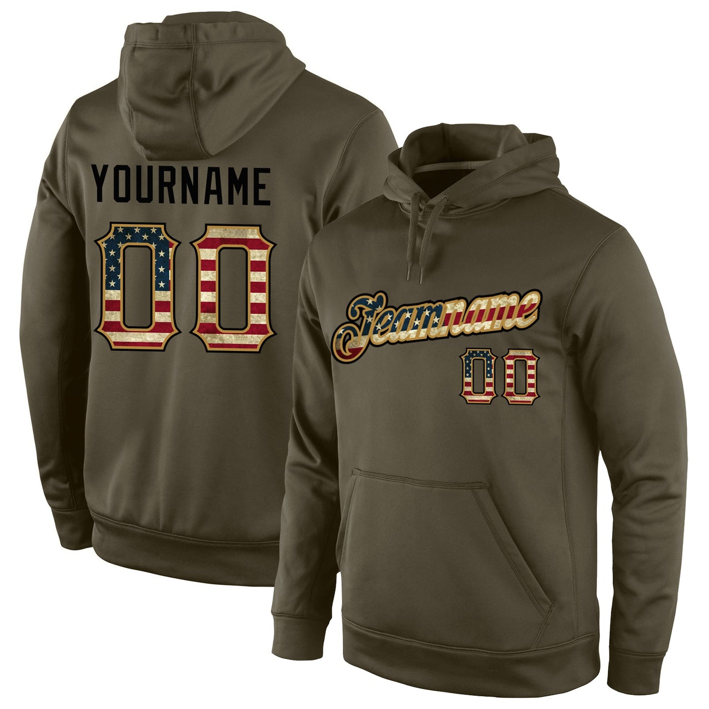 Custom Stitched Olive Vintage USA Flag-Black Sports Pullover Sweatshirt Salute To Service Hoodie - Main View