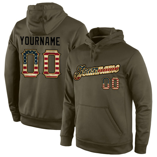 Custom Stitched Olive Vintage USA Flag-Black Sports Pullover Sweatshirt Salute To Service Hoodie - Main View