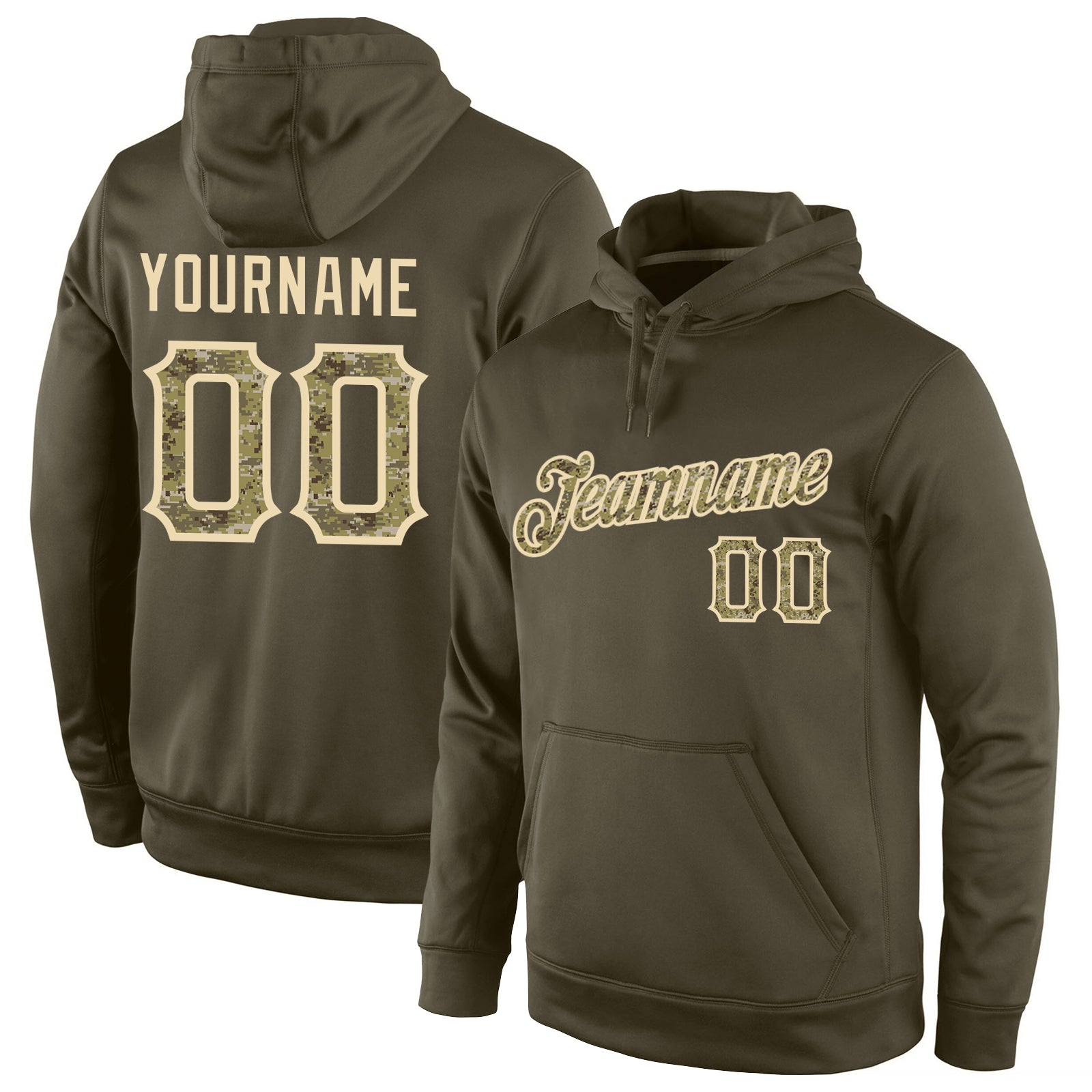 Custom Stitched Olive Camo-Cream Sports Pullover Sweatshirt Salute To Service Hoodie - Main View