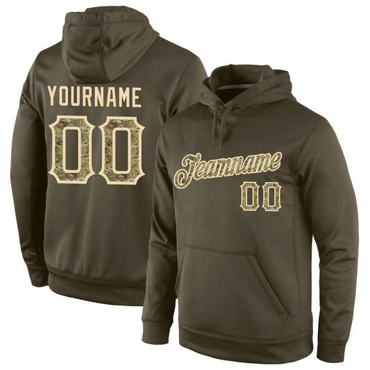 Custom Stitched Olive Camo-Cream Sports Pullover Sweatshirt Salute To Service Hoodie - Main View