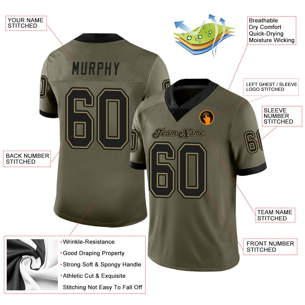 Custom Olive Black-Old Gold Mesh Salute To Service Football Jersey view 3