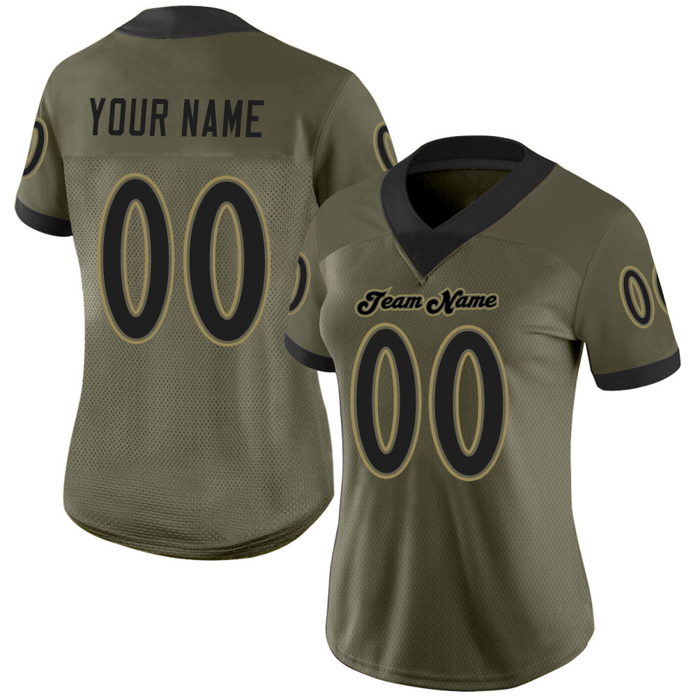 Custom Olive Black-Old Gold Mesh Salute To Service Football Jersey view 2