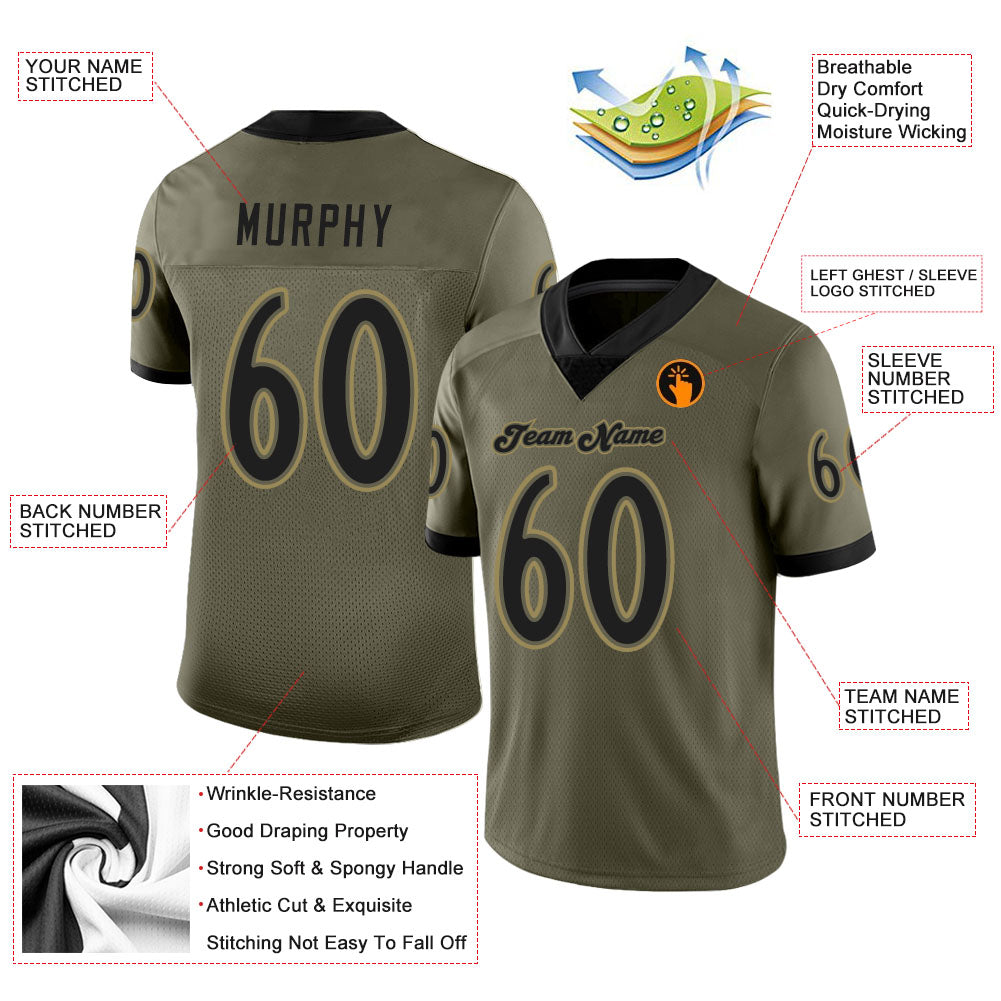 Custom Olive Black-Old Gold Mesh Salute To Service Football Jersey view 3