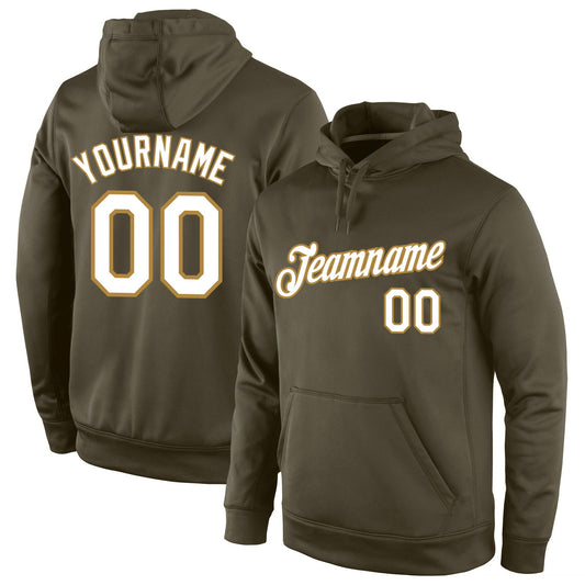 Custom Stitched Olive White-Old Gold Sports Pullover Sweatshirt Salute To Service Hoodie - Main View