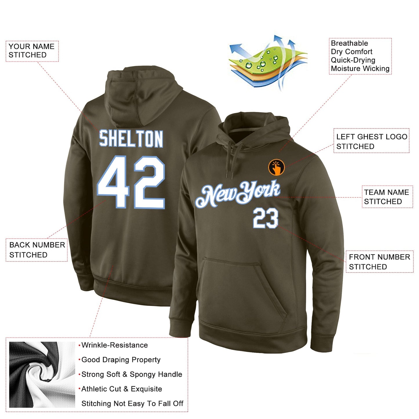 Custom Stitched Olive White-Light Blue Sports Pullover Sweatshirt Salute To Service Hoodie view 4