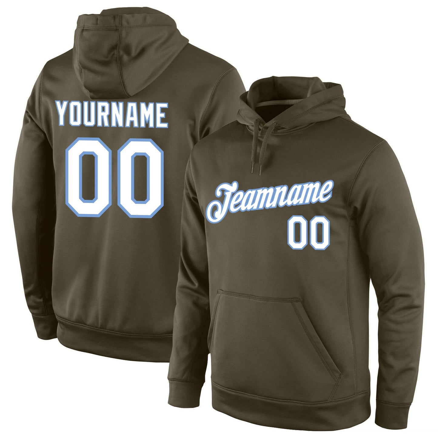 Custom Stitched Olive White-Light Blue Sports Pullover Sweatshirt Salute To Service Hoodie - Main View