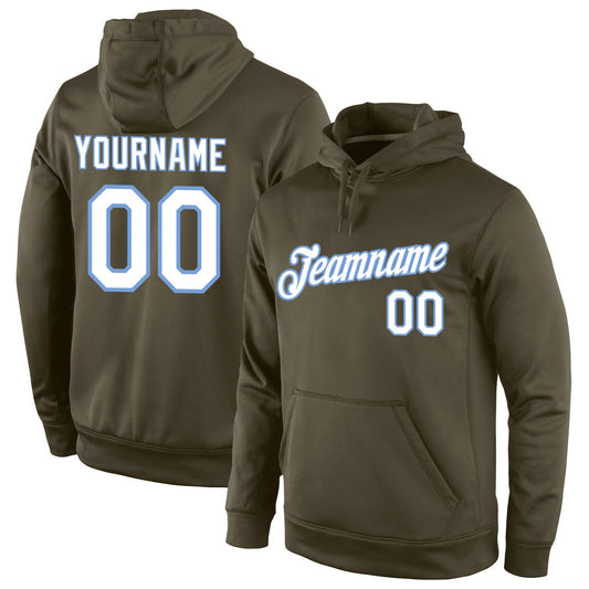 Custom Stitched Olive White-Light Blue Sports Pullover Sweatshirt Salute To Service Hoodie - Main View