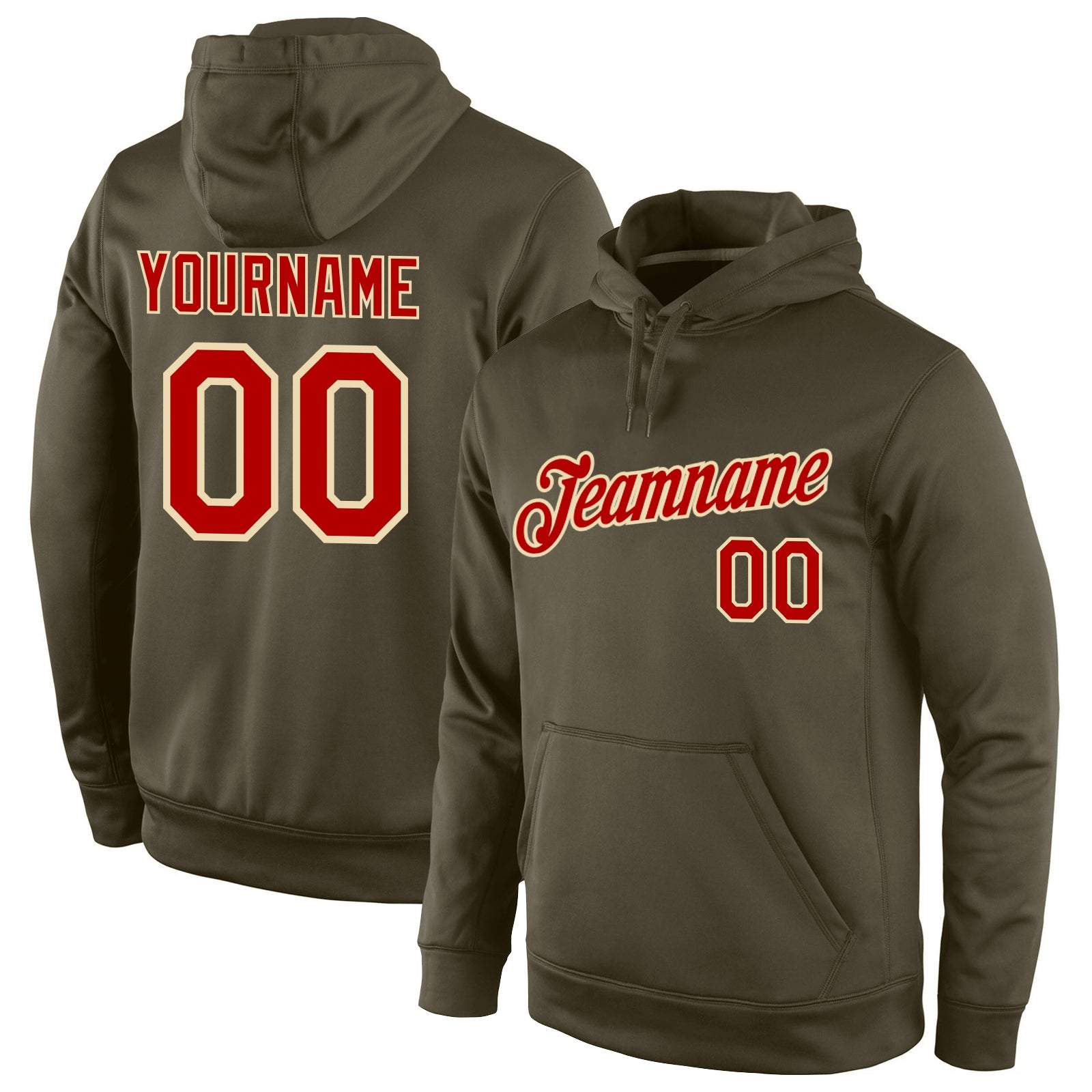 Custom Stitched Olive Red-Cream Sports Pullover Sweatshirt Salute To Service Hoodie - Main View