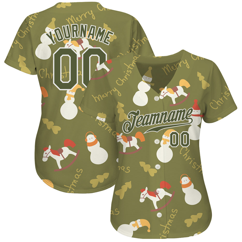 Custom Olive Olive-White Christmas 3D Authentic Salute To Service Baseball Jersey view 2