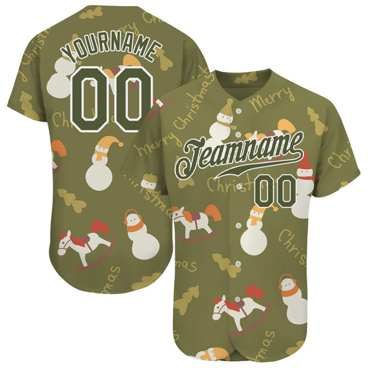 Custom Olive Olive-White Christmas 3D Authentic Salute To Service Baseball Jersey - Main View