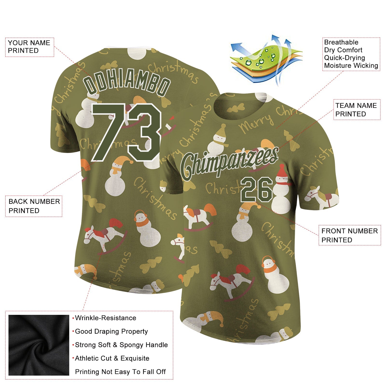 Custom Olive Olive-White Christmas 3D Performance Salute To Service T-Shirt view 2