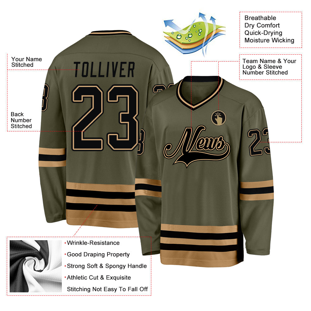 Custom Olive Black-Old Gold Salute To Service Hockey Jersey view 2