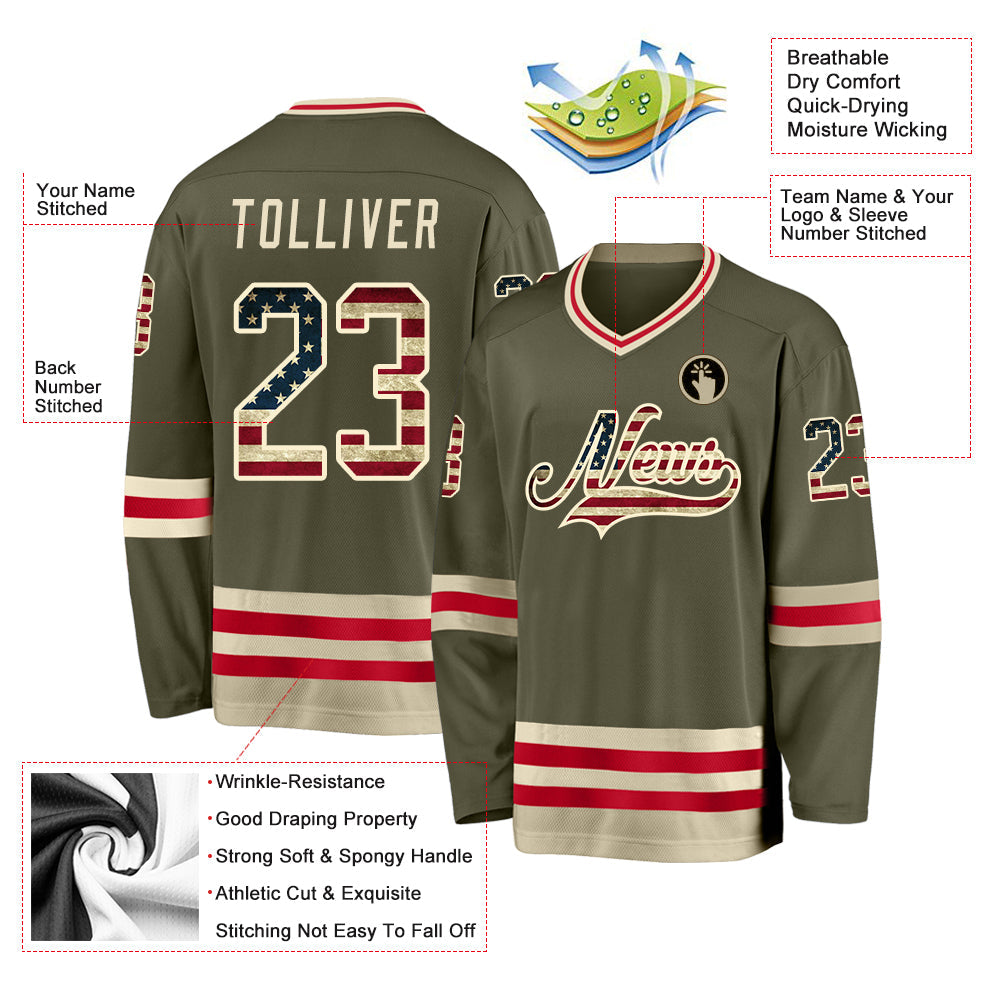 Custom Olive Vintage USA Flag-Cream Salute To Service Hockey Jersey view 2