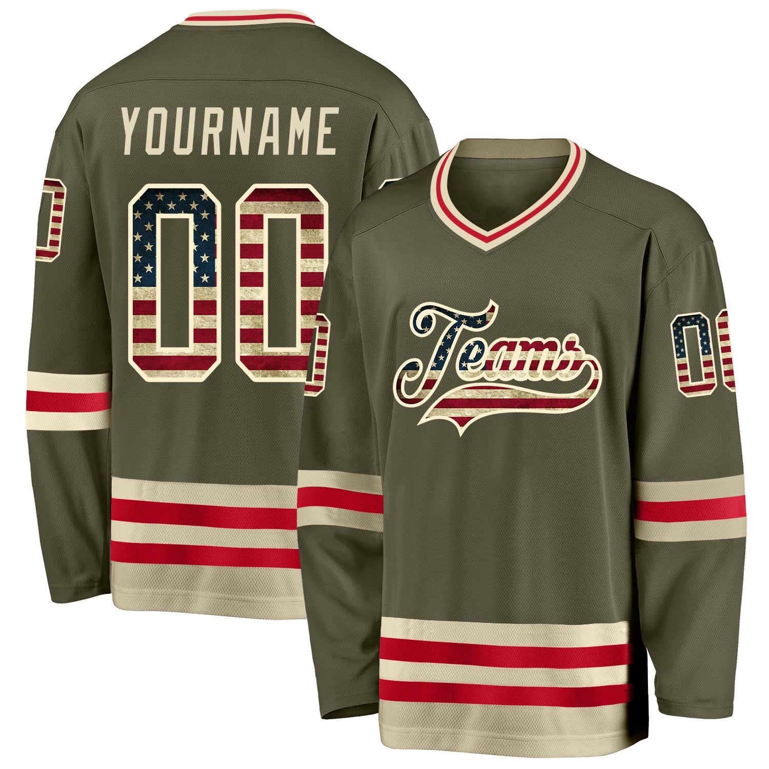 Custom Olive Vintage USA Flag-Cream Salute To Service Hockey Jersey - Main View