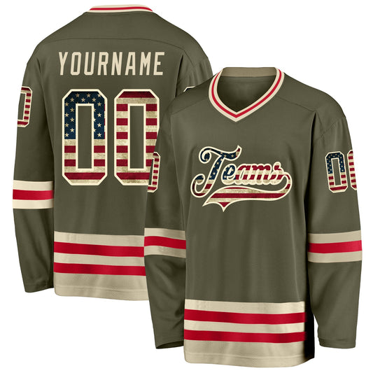 Custom Olive Vintage USA Flag-Cream Salute To Service Hockey Jersey - Main View