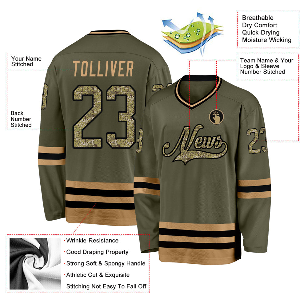 Custom Olive Camo-Old Gold Salute To Service Hockey Jersey view 2