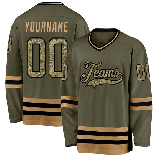Custom Olive Camo-Old Gold Salute To Service Hockey Jersey - Main View