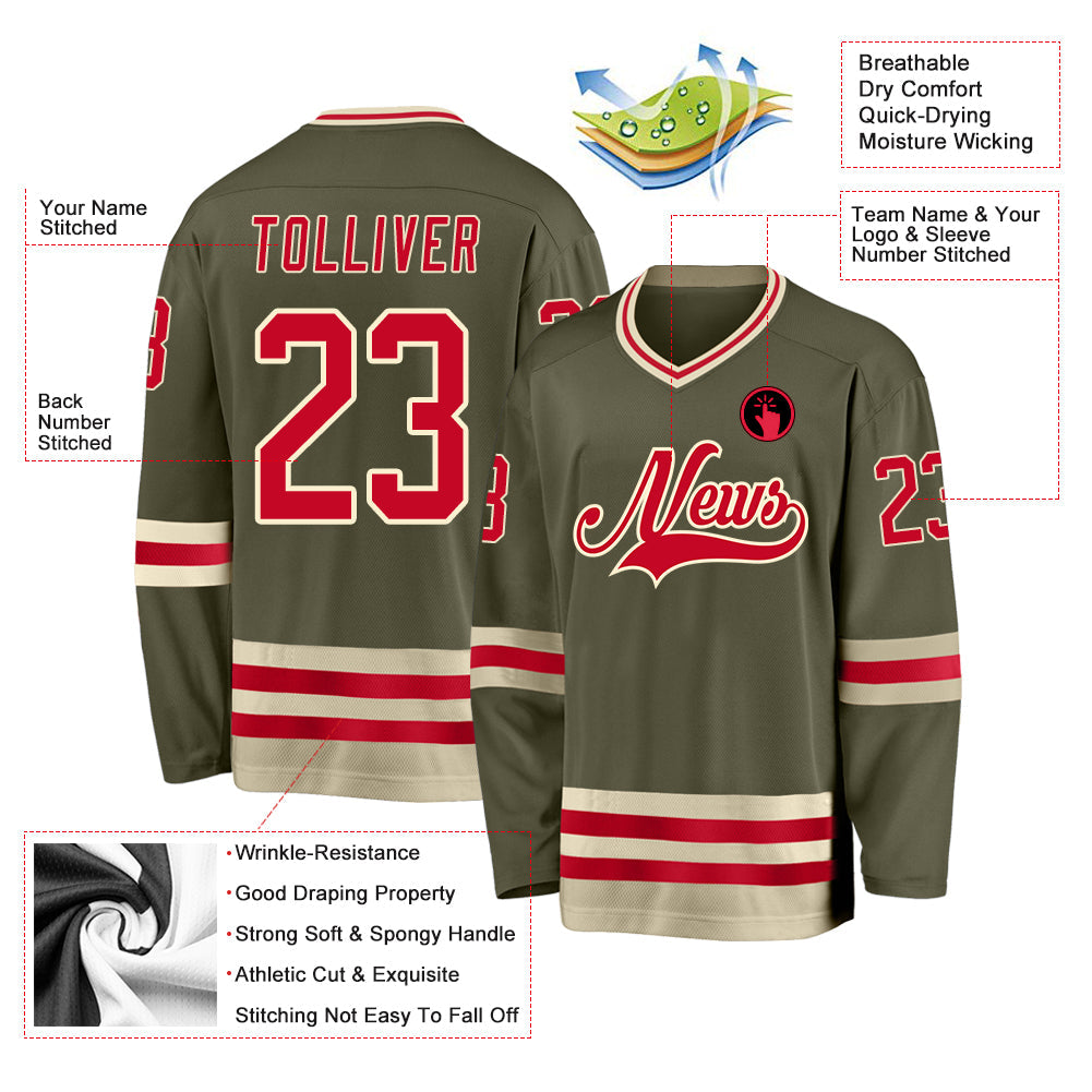 Custom Olive Red-Cream Salute To Service Hockey Jersey view 2
