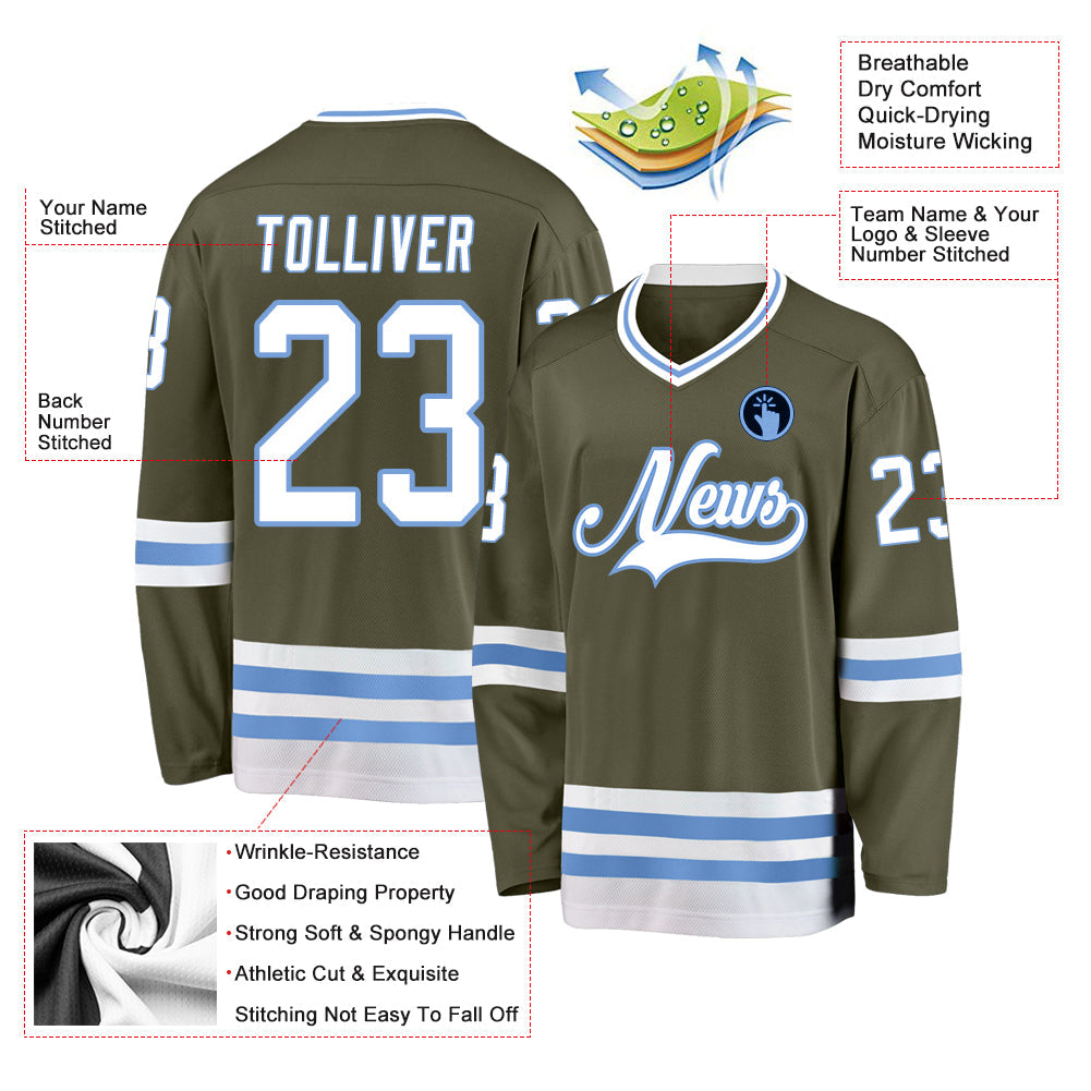 Custom Olive White-Light Blue Salute To Service Hockey Jersey view 2