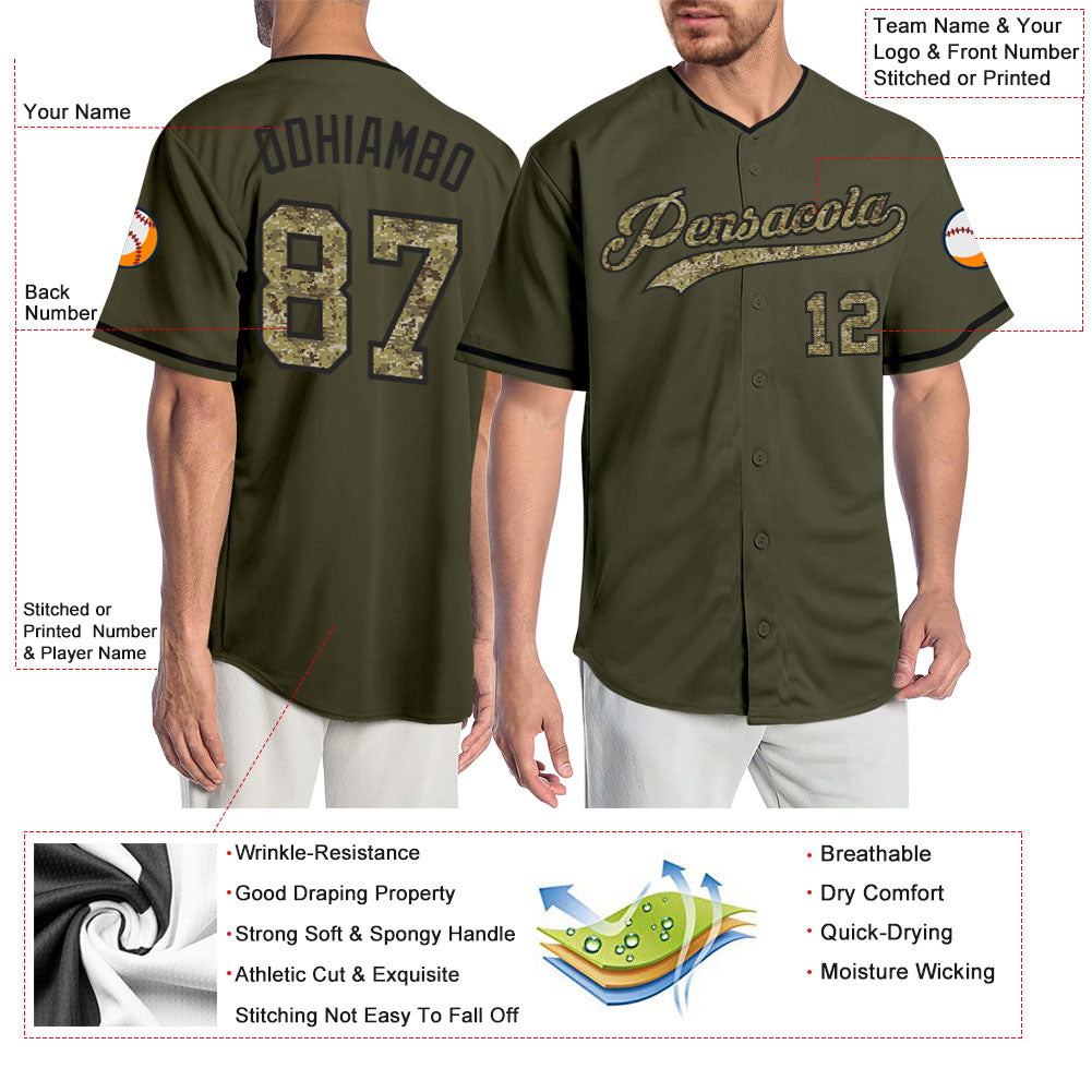 Custom Olive Camo-Black Authentic Salute To Service Baseball Jersey view 3