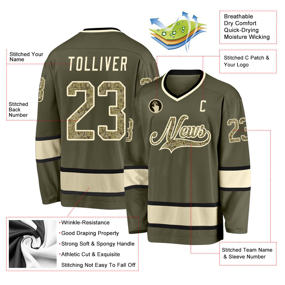 Custom Olive Camo-Cream Salute To Service Hockey Jersey view 2