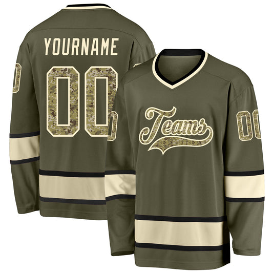 Custom Olive Camo-Cream Salute To Service Hockey Jersey - Main View