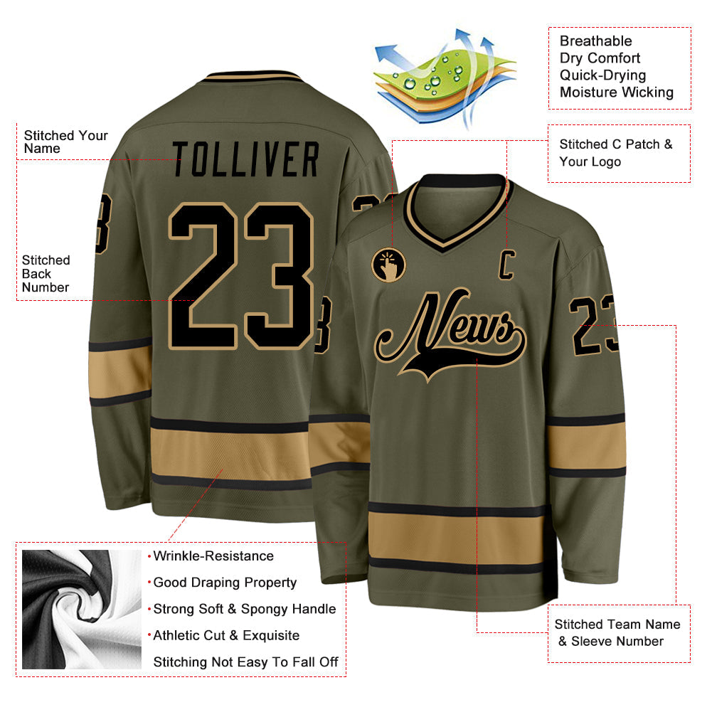 Custom Olive Black-Old Gold Salute To Service Hockey Jersey view 2