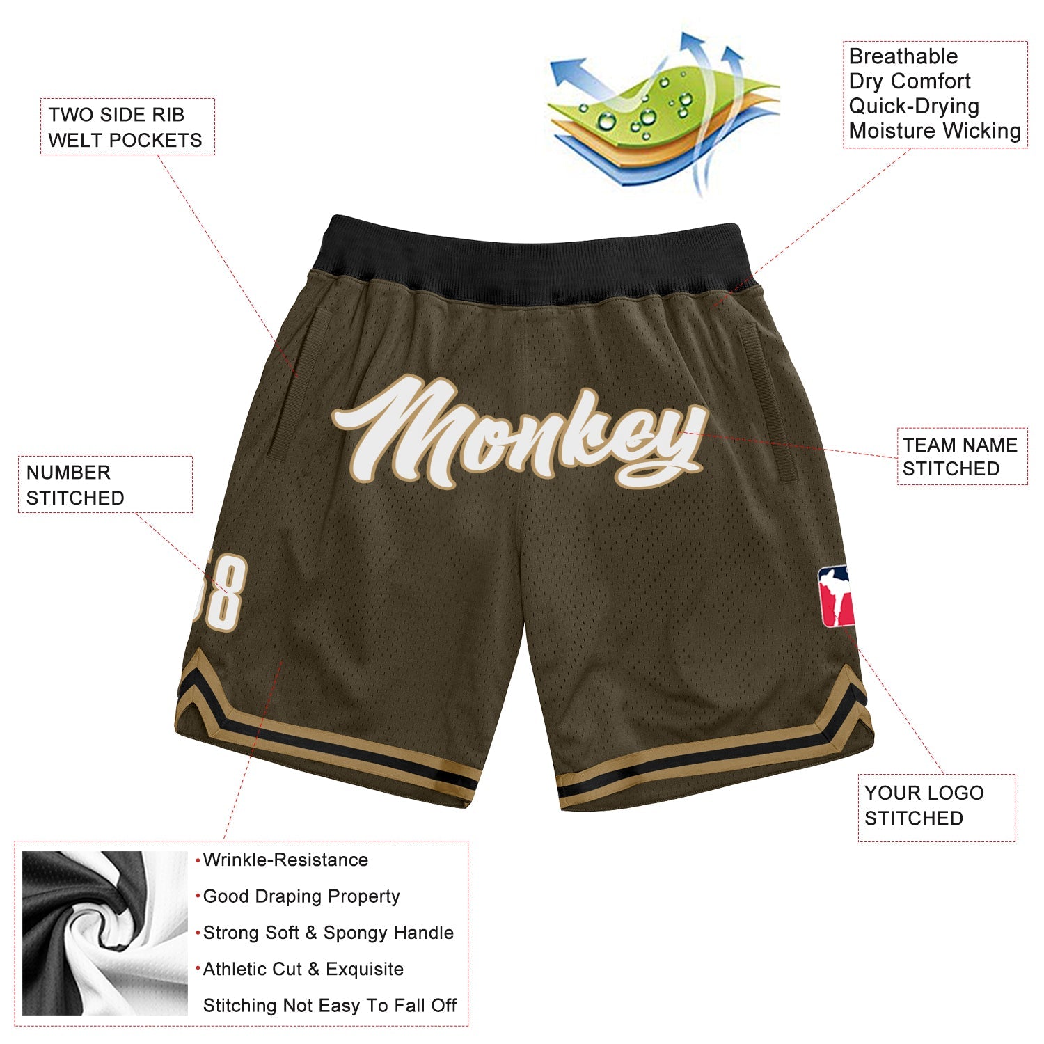 Custom Olive White-Old Gold Authentic Throwback Salute To Service Basketball Shorts view 2
