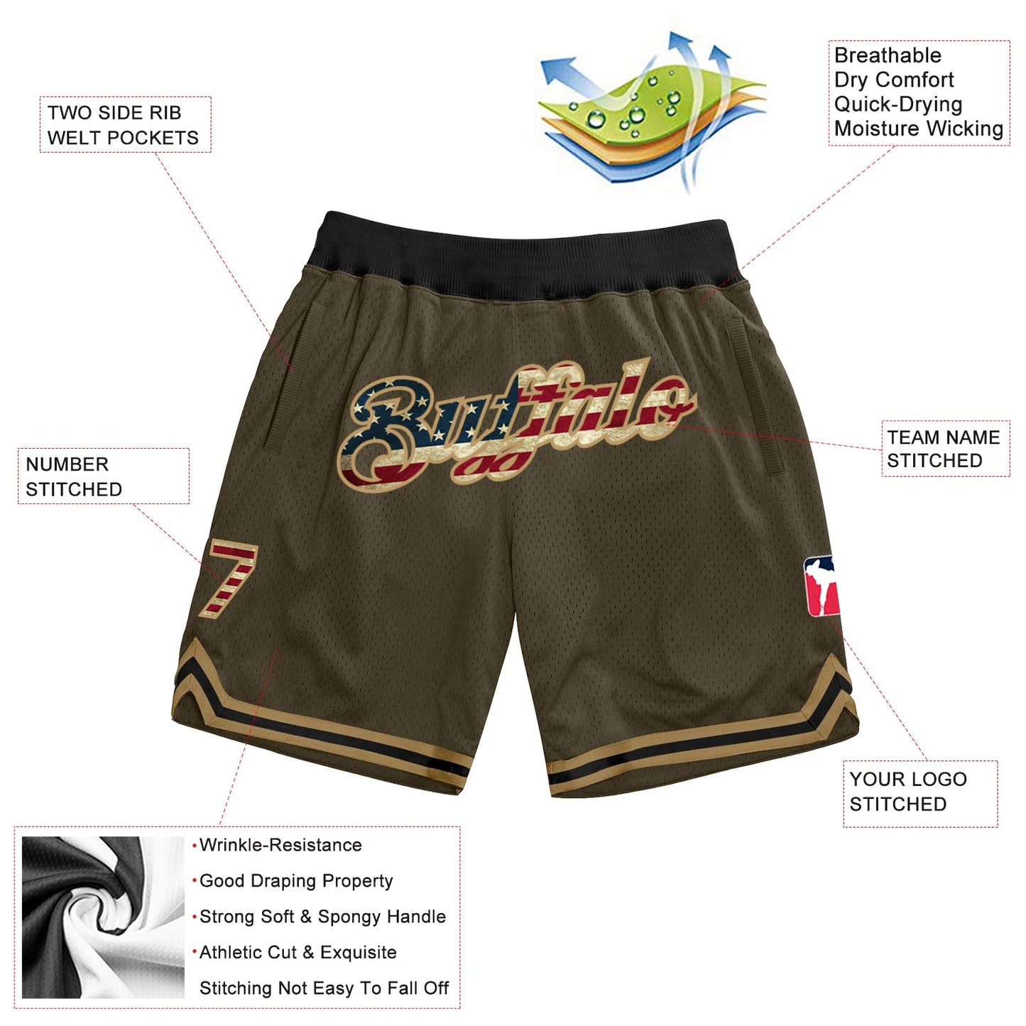 Custom Olive Vintage USA Flag-Old Gold Authentic Throwback Salute To Service Basketball Shorts view 2