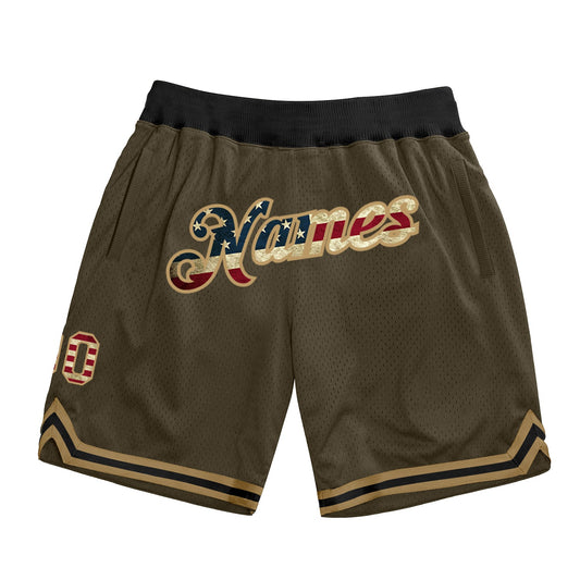 Custom Olive Vintage USA Flag-Old Gold Authentic Throwback Salute To Service Basketball Shorts - Main View